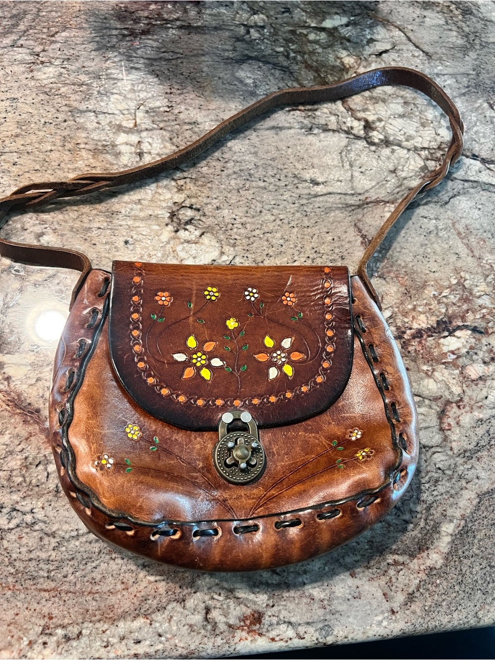 Vintage Handcrafted Brown Leather Floral Crossbody Bag